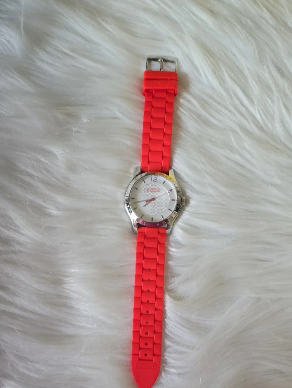 Coach Women's Silver Case Watch with Red Silicone Strap